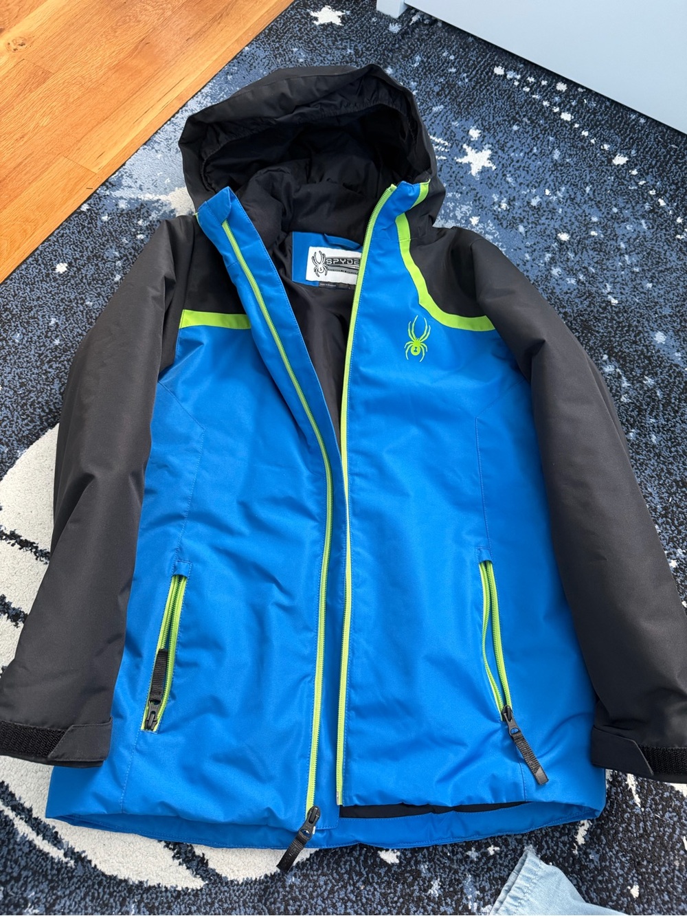 Spyder Boys Blue, Black & Lime Hooded Rain Jacket